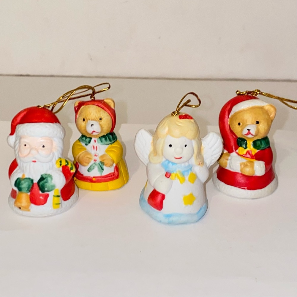Vintage Set of 4 Figural Bell Christmas Ornaments Hand Painted Bisque Porcelain